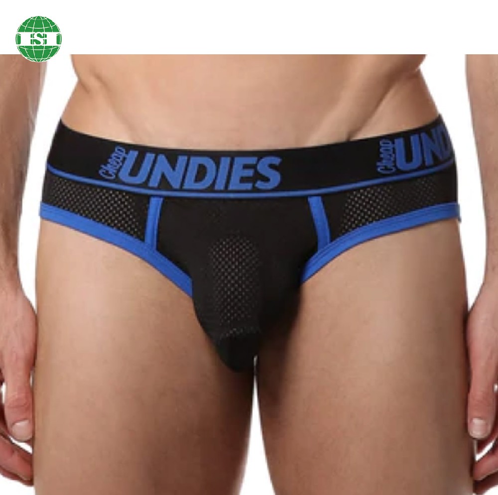 Black mesh briefs blue binding tape custom logo men's underwear