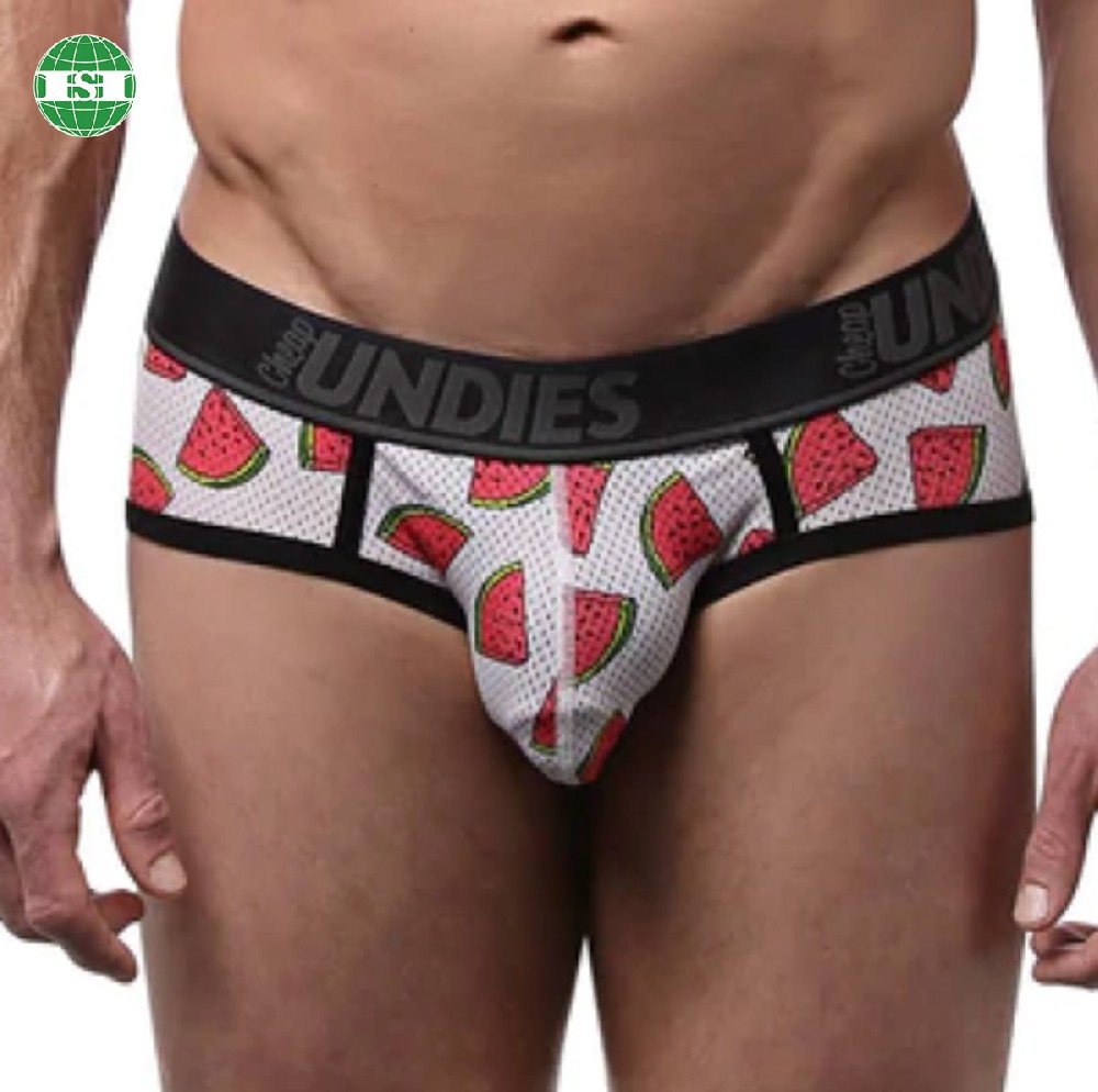 Graphic print mesh briefs customized logo waistband men's underwear