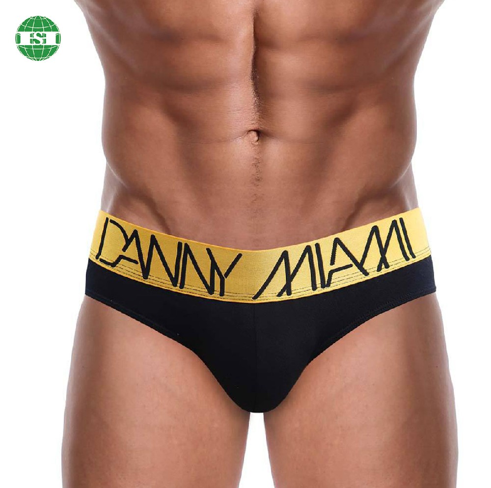 Black cotton spandex briefs gold yellow waistband customized men's underwear