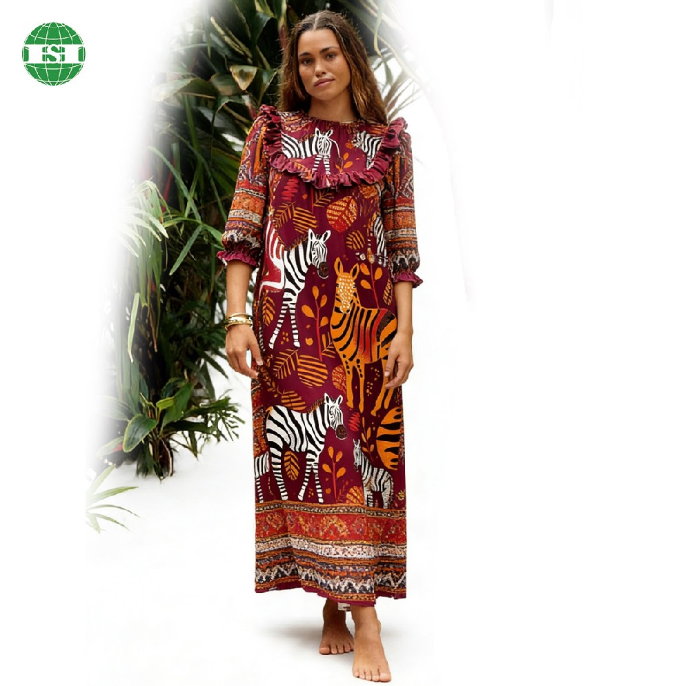 Ruffled Collar long dress elastic Pleated cuff with side pocket customised print and fabric