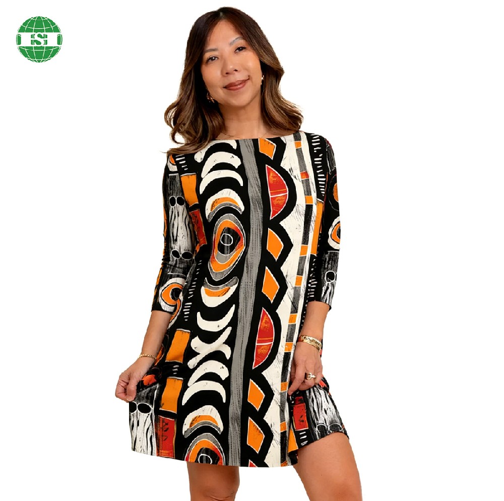 Custom print Boat neck long sleeve short dress with side pocket