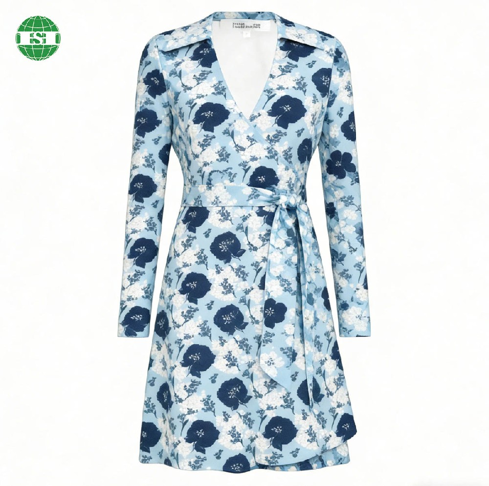 Floral print V neck Wrap tie Dress Crossed skirt with strap custom print and fabric