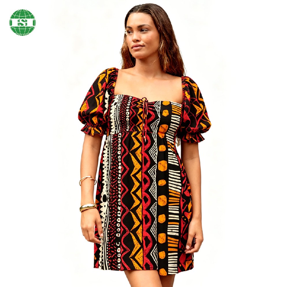 Square Neck puff sleeves A-Line shorts Dress with strap on the chest customized print and fabric