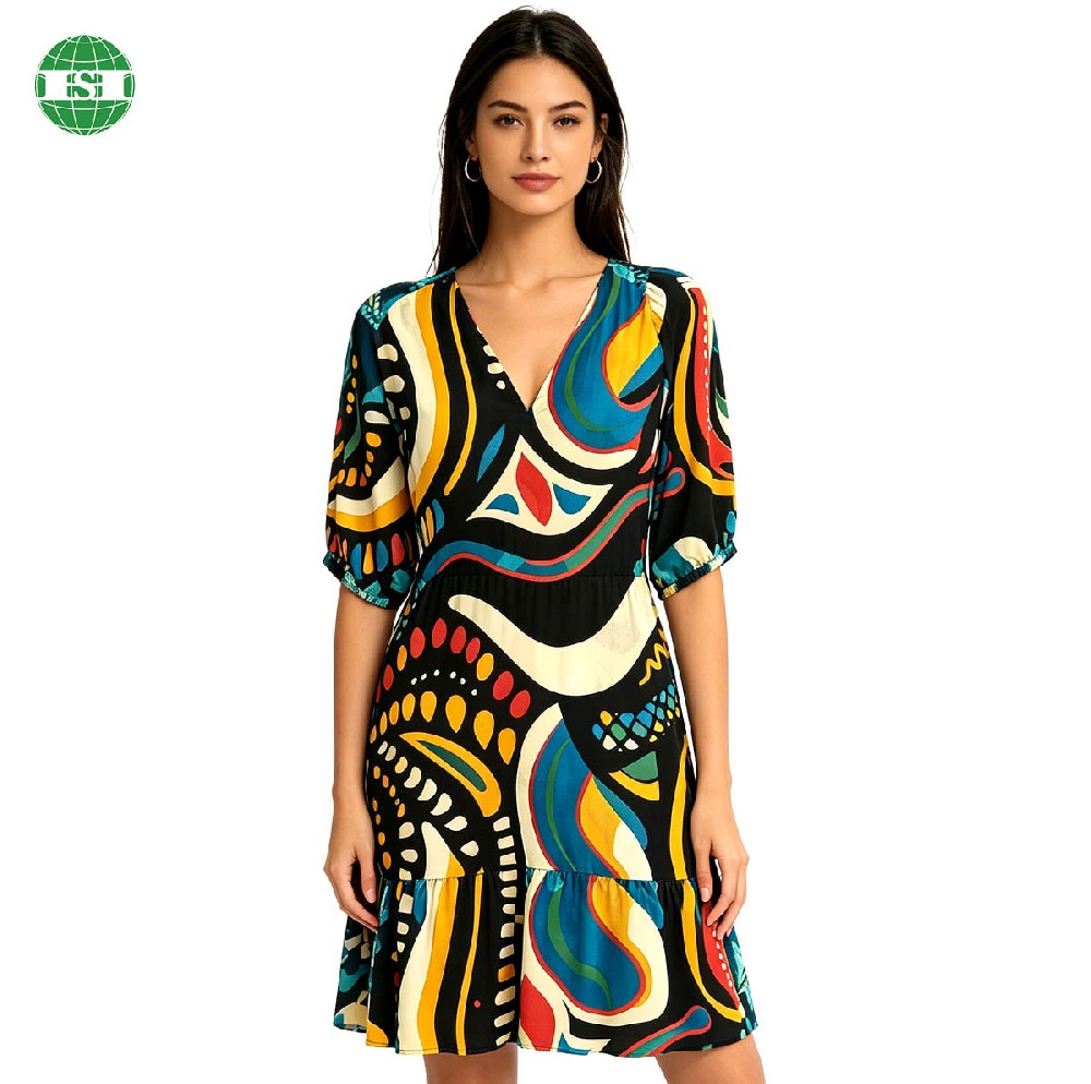 Fluid geometric patterns Deep V Elbow-Length Puff Elastic Sleeves Ruffled Hem Silky Satin Dresses China direct factory